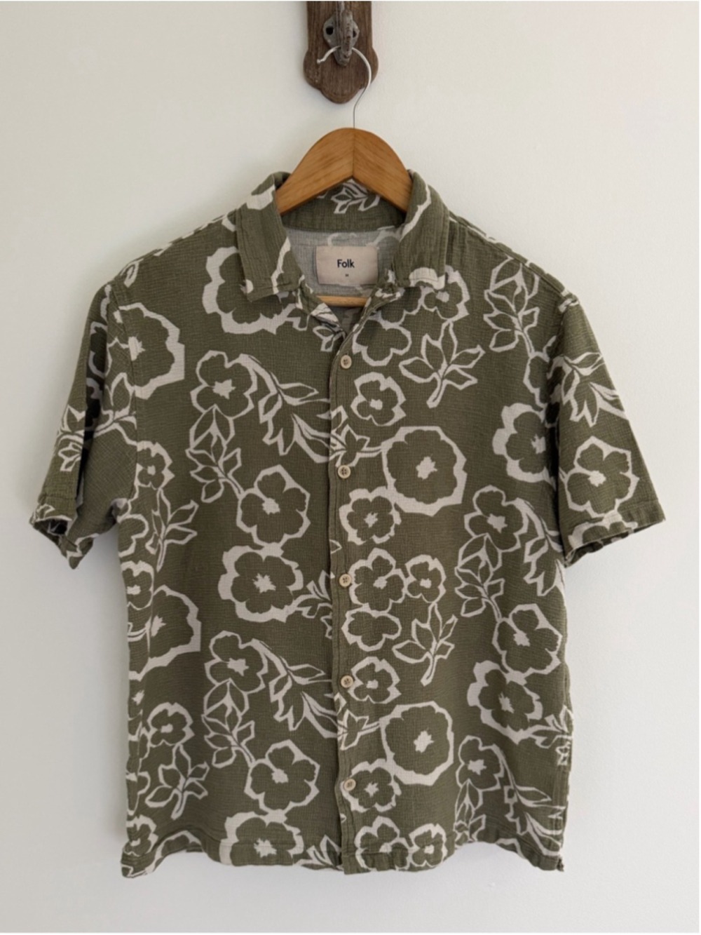 coastal floral camp shirt olive textured resortwear folk medium